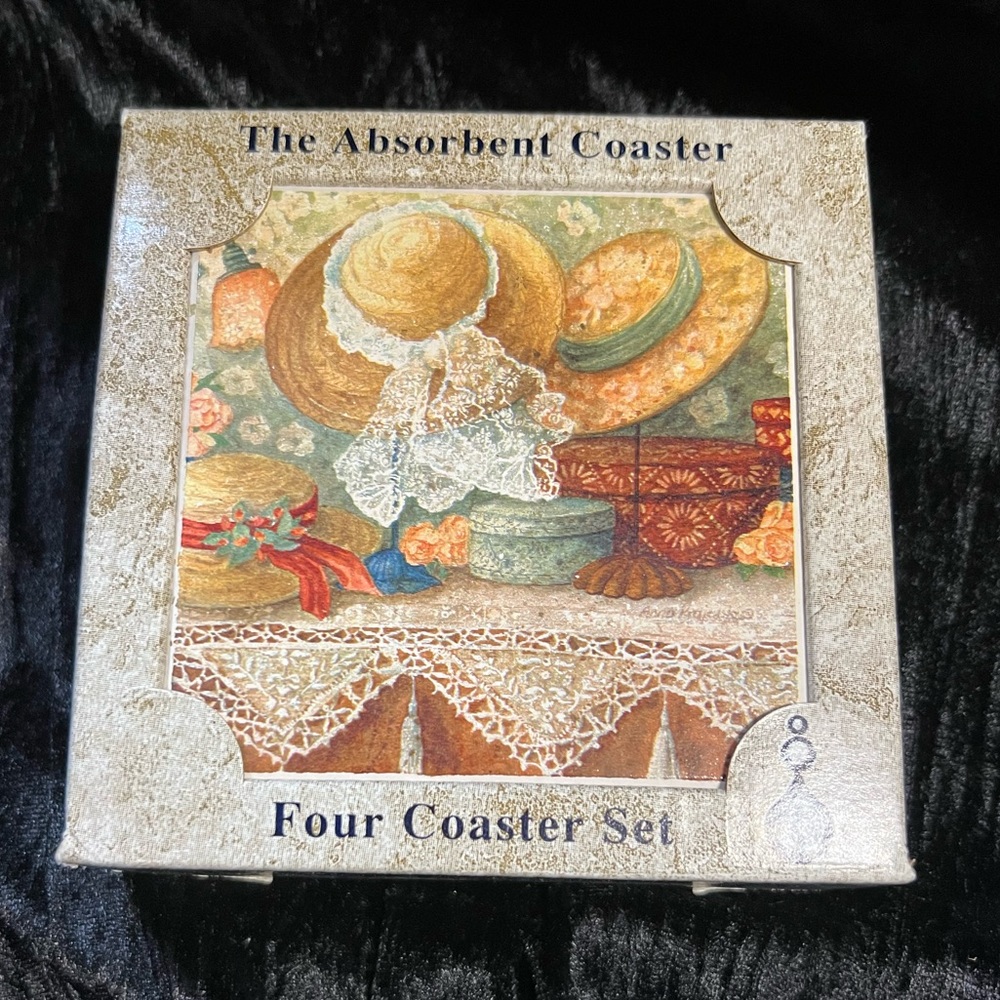 NWT - Vintage AbsorbaStone Coaster Set w/ Anna Krajewski Artwork “Hats & Roses”